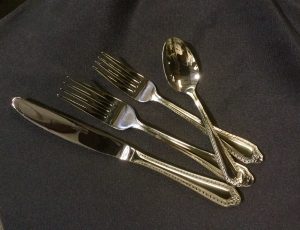 fiori pattern stainless flatware for rent. in birmingham, al. shown is a group of available pieces